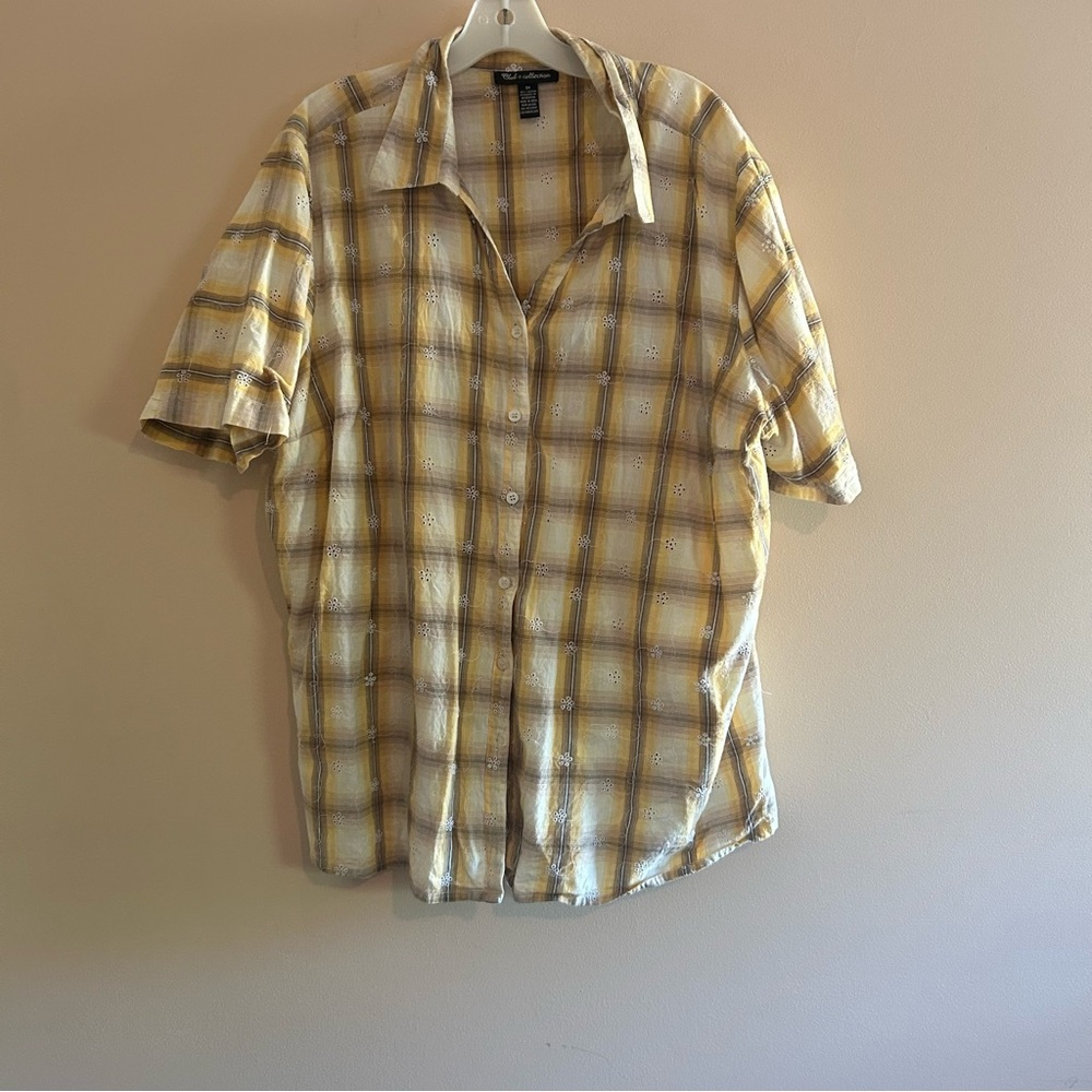 Yellow Plaid button down Shirt with floral eyelets 100% cotton cottagecore